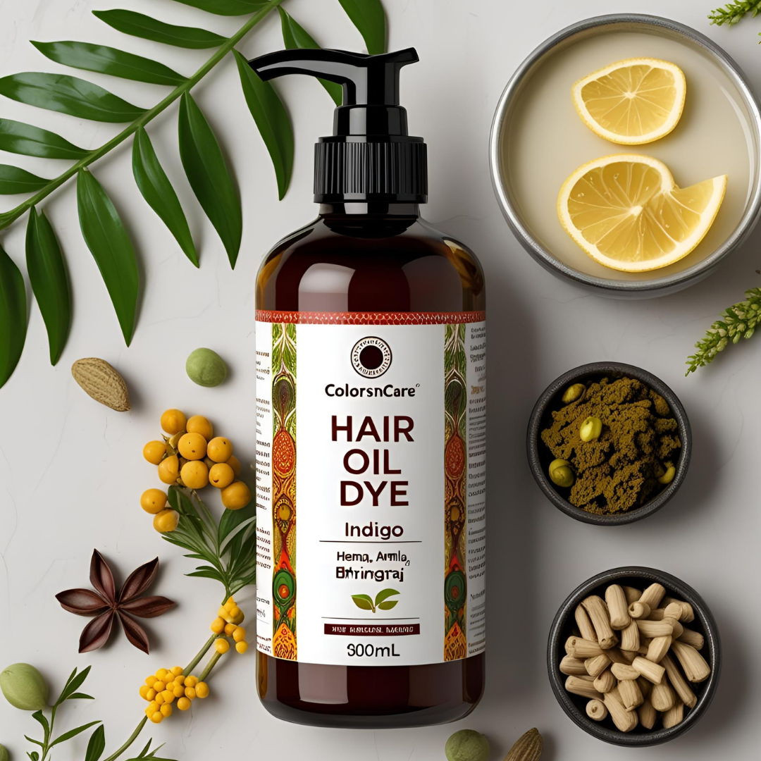 ColorsnCare Hair Oil Dye - Premium 300ml bottle with natural Indigo, Henna, Amla, and Bhringraj ingredients surrounded by fresh herbs and natural elements